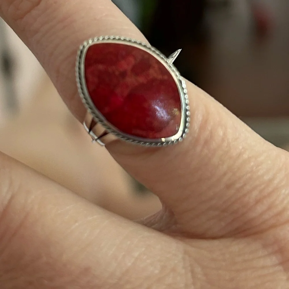 Coral Sponge Dark Red Marquee Shaped Sterling Silver Ring